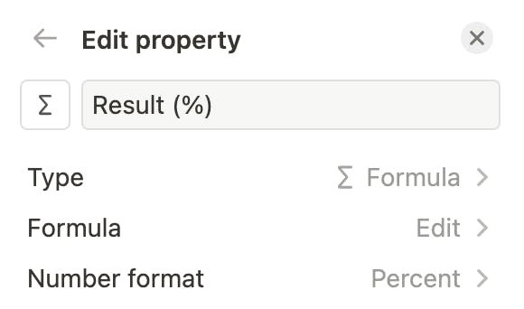 image of the total formula property to show the result in percentage
